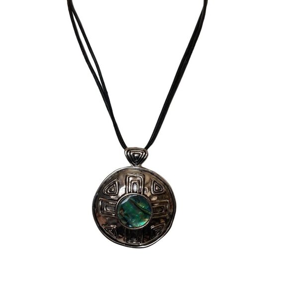 Premier Designs Pendant Necklace Silver Cross Green Shell Inlay Black Cord - Picture 1 of 12